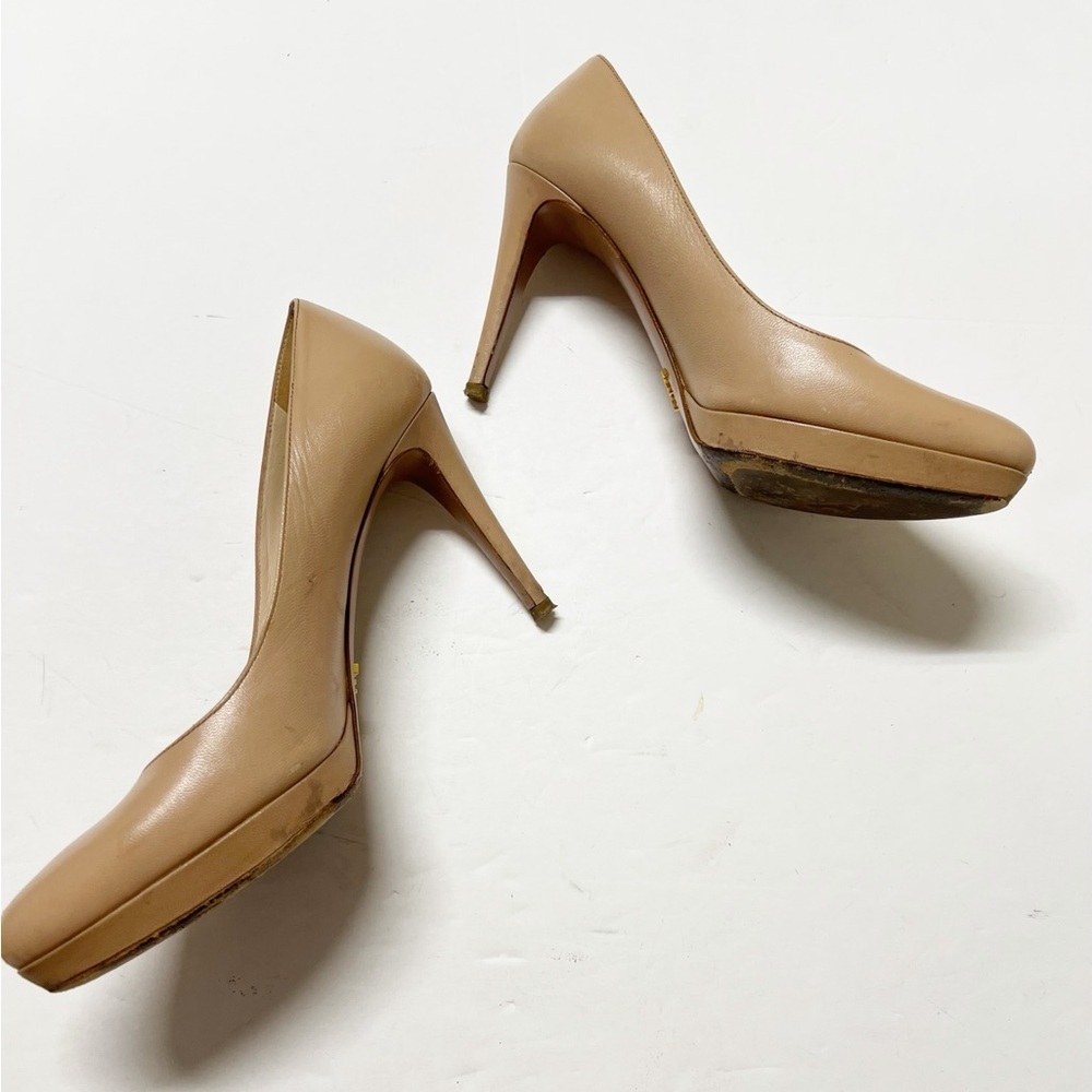 Prada Womens Nude Tan Leather Calzature Donna Platform Heeled Pump Size 37.5 - Picture 2 of 14